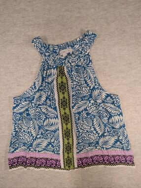 LOFT Blue Multi Color Flowy Tropical Halter Tank Top Blouse Boho Funky Size L